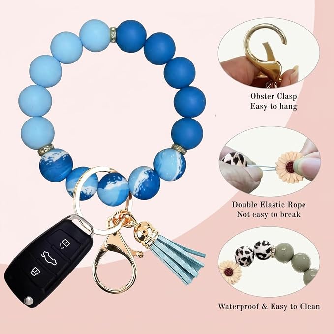 2PCS Bracelet Key Ring Set, Cute Car Key chain Wristlet, Silicone Beaded Bangle keyChains for Women Girls