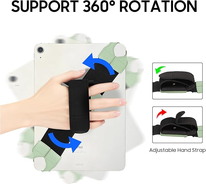 FINTIE Universal Tablet Hand Strap Holder for 9-11 Inch Tablets eReaders, 360 Degrees Swivel PU Leather Secure Portable Adjustable Handle Grip for iPad, Galaxy Tab and 9-11" Tablets (Sage Green)