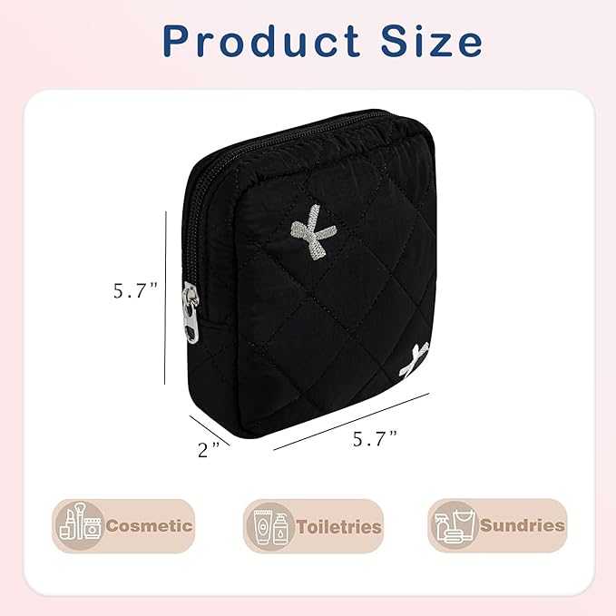 RSRSLEII Small Quilted Cosmetic Pouch for Purse, Mini Cotton Makeup Bag with Compartments, Cute Zipper Lipstick Holder for Women (08Black Bow)