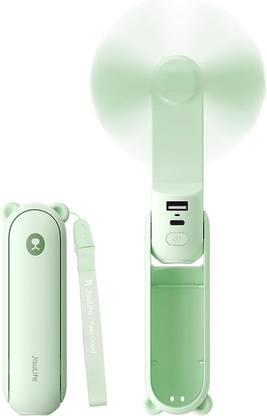 JISULIFE 3 IN 1 Handheld Mini Fan - Portable Fan & Power Bank & Flashlight, 19H Max Cooling, USB Rechargeable, Pocket-Sized for Travel, Cruise, Concerts, Makeup, 2026 Summer Gifts for Women(Green)