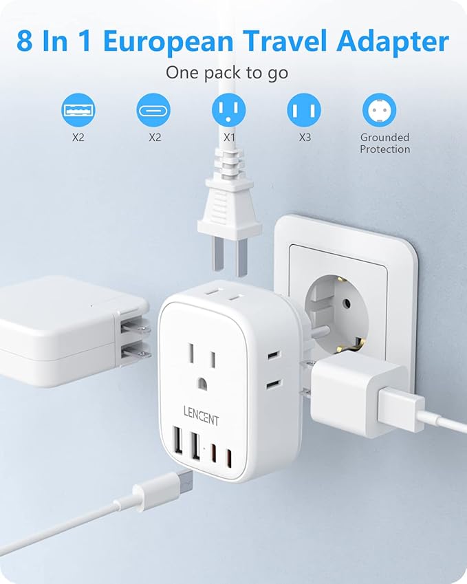 LENCENT 3 Pack Germany France Travel Power Adapter, Schuko Type E/F Power Plug Adaptor with 4 USB Ports(2 Type C), 4 Outlet Converter, US to EU Spain French German Greece Norway Iceland South Korea