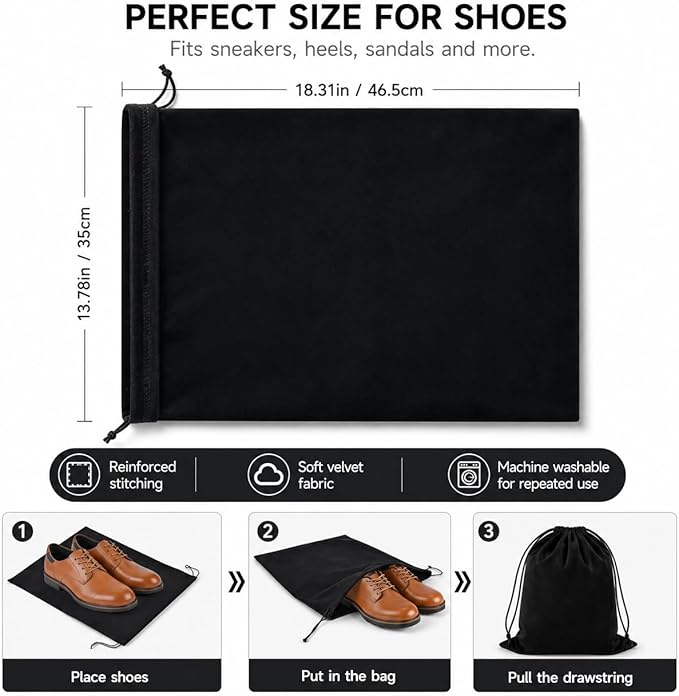 Shoe Bags for Travel, 4 Pack Travel Shoe Bag Organizer, Large Flannel Shoe Bags with Drawstring for Boots, Heels, Handbags & Packing, Washable Reusable Shoe Pouches, Black & Beige