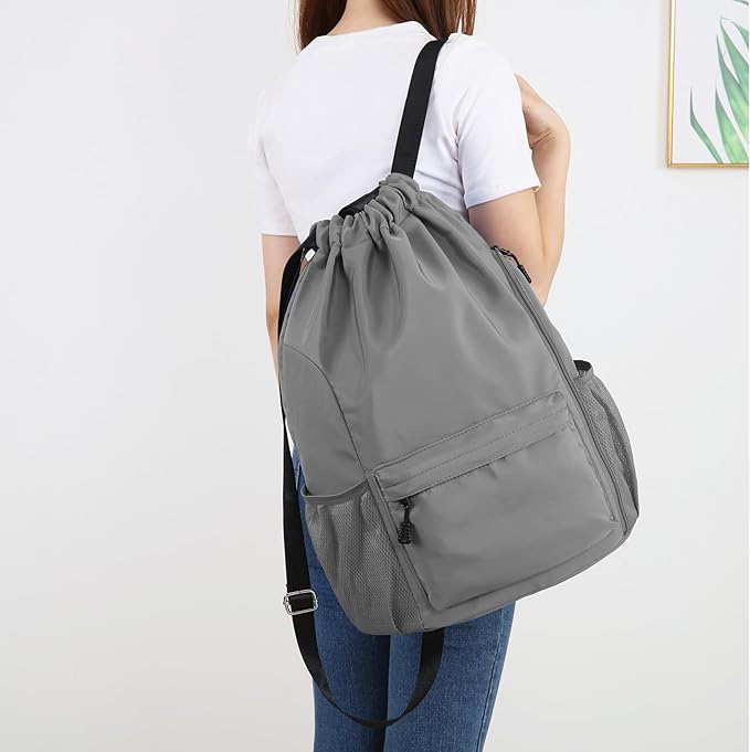 Valleycomfy Waterproof Drawstring Gym Backpack Bag for Men & Women,Sports Gym Bag with Side Pocket Dark Grey