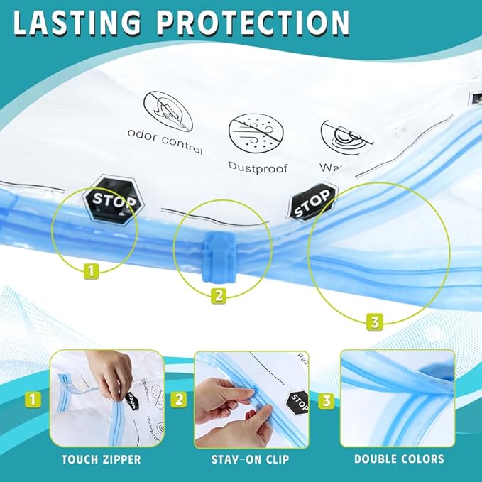 6 Pack Vacuum Storage Bags, Vacuum Seal Bags for Clothing, Comforters, Blankets, Space Saver Compression Bags with Hand Pump (2Jumbo, 2Large, 2Medium)