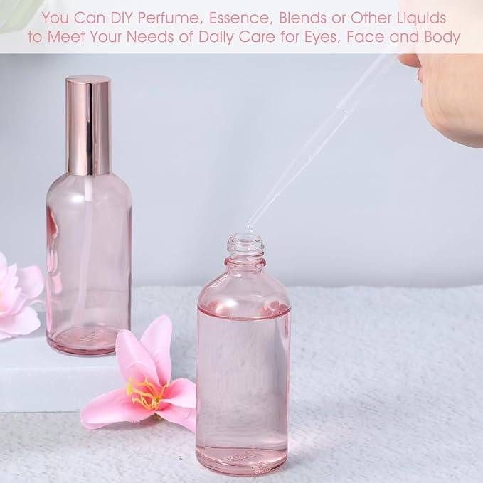 10 Pack 3.4 Oz Pink Glass Spray Bottles, Refillable Fine Mist Atomizers with Rose-Gold Caps, Empty Perfume Bottles for Essential Oils, Body Sprays, Travel