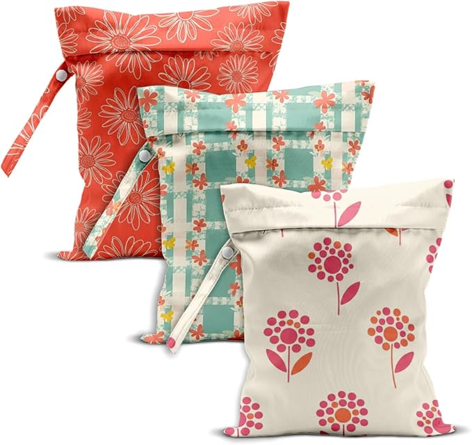 Floral Print Wet Bag, 3 Pack, Washable Reusable Wet Dry Bag for Swimsuit, Dirty Clothes Diaper Travel Pool Gym Party Camping Toiletries Travel Beach Essentials, Cute Wildflower Checkered Pattern