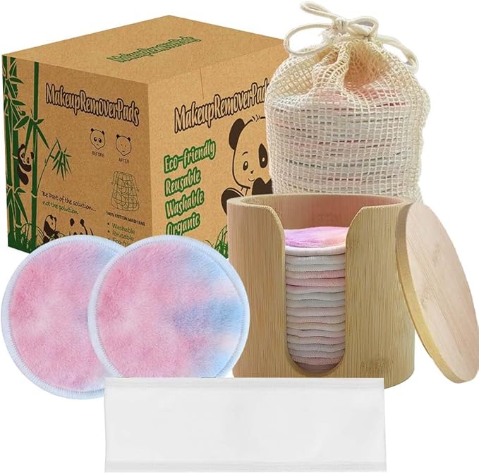 Reusable Cotton Rounds, 100% Natural Bamboo Cotton Pads for Face|Reusable Makeup Remover Pads with Laundry Bag,Headband and Cotton Round Holder (Colorful)