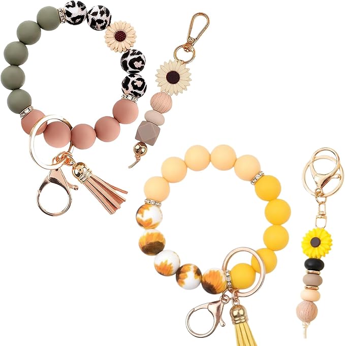 2PCS Bracelet Key Ring Set, Cute Car Key chain Wristlet, Silicone Beaded Bangle keyChains for Women Girls