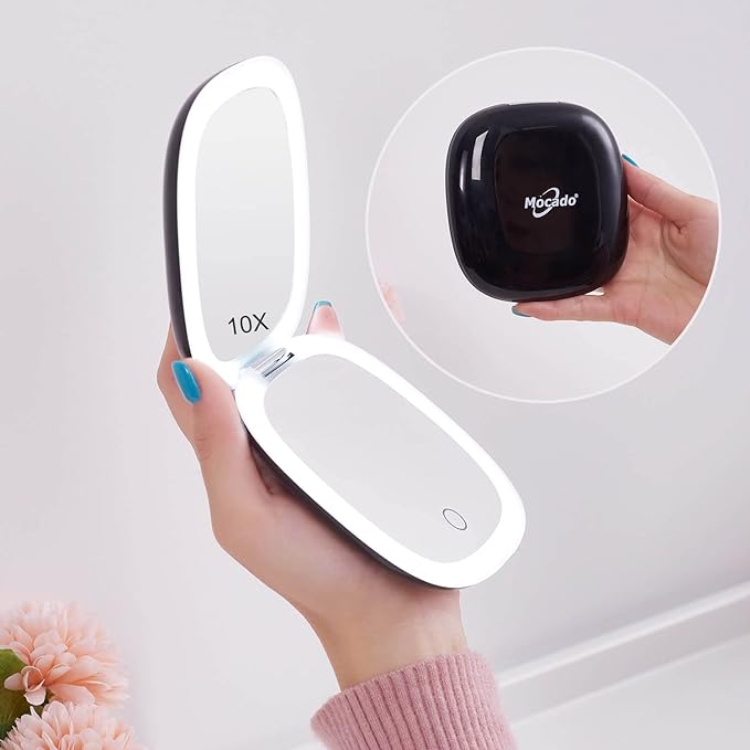 Mocado Compact LED Magnifying Travel Makeup-Mirror - 4 inches 1X/10X Magnification Small Hand Pocket Dimmable Double Sided USB Rechargeable Touch Screen, Portable Tabletop Cosmetic (Black)