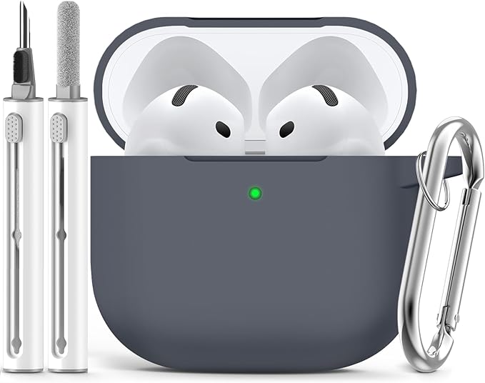 Ljusmicker for AirPods 4 Case 2024 with Cleaner Kit,Soft Silicone Protective Cover for Apple AirPods 4th Generation Cases for Women Men,for AirPod 4 Case Accessories with Keychain-Dark Grey