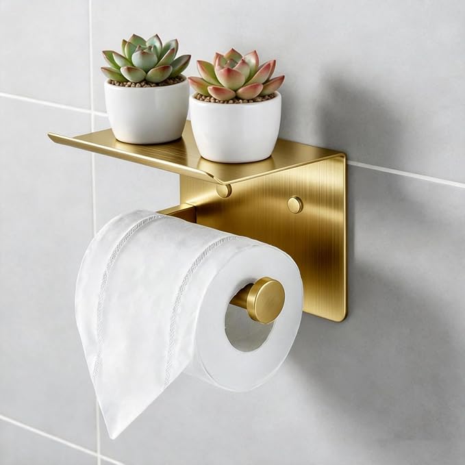 Toilet Paper Holder with Shelf, Heavy-Duty Stainless Steel Bathroom Hardware, Self-Adhesive No-Drill/Drill-Mount Wall-Mounted Roll Holder, Rust-Proof Bathroom Tissue Rack (Gold)