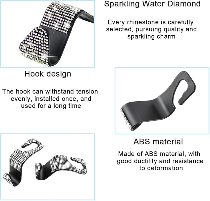 Mandark 4PCS Bling Car Seat Headrest Hooks, Crystal Rhinestone Vehicle Seat Back Hanger for Grocery Purses Handbags, Diamond Auto Seatback Storage Organizer Hanger, Universal for Most Cars (Black)