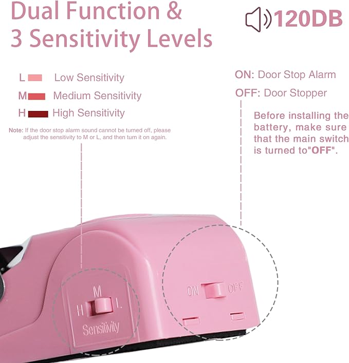 Portable Door Lock & Door Stop Alarm Set, Dual Protection Home Security Door Kit, Travel Hotel Door Lock Devices Pocket Self Defensey Tools for Traveling Hotel Home Apartment,Pink
