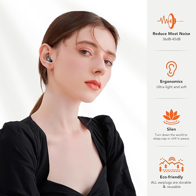 Ear Plugs for Sleeping Noise Cancelling, 45dB Soft Earplugs for Concert, Reusable Ear Plugs for Noise Reduction with Case & 8 Eartips, for Sleeping, Concert, Working, Studying, Traveling (Deep Black)