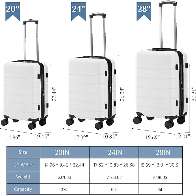 NEWBULIG 28 Inch Checked Luggage, ABS Hard Shell Lightweight Rolling Expandable Suitcase with Smooth Spinner Wheels and TSA Lock for Business Trips and Daily Vacations, White