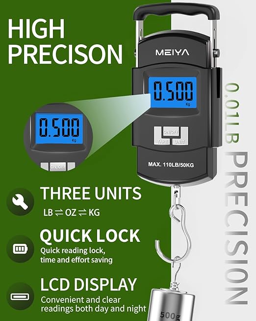 MEIYA Fish Scale 110lb/50kg Digital Fishing Scale with Backlit LCD, Portable Handle, Stainless Steel Hook & 2 AAA Batteries – Great Fishing Gifts for Men