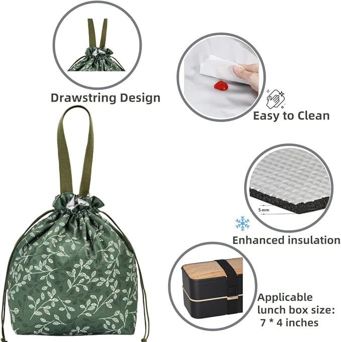 Reusable Small Lunch Bag,Drawstring Lunch Bag,Insulated Handbag Tote bag with Handle (New Leaf Green)