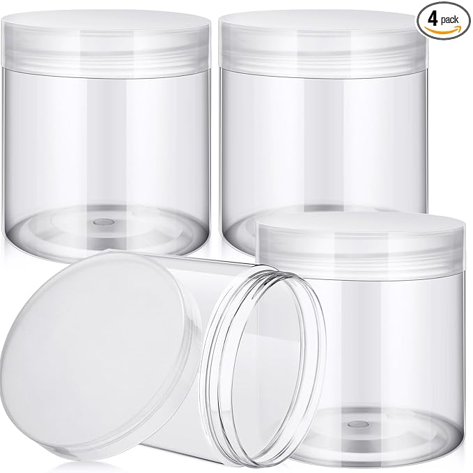 Patelai 4 Pieces Round Wide-mouth Leak Proof Plastic Container Jars with Lids for Travel Storage Makeup Beauty Products Face Creams Oils Salves Ointments DIY Making(16 Ounce,Clear)
