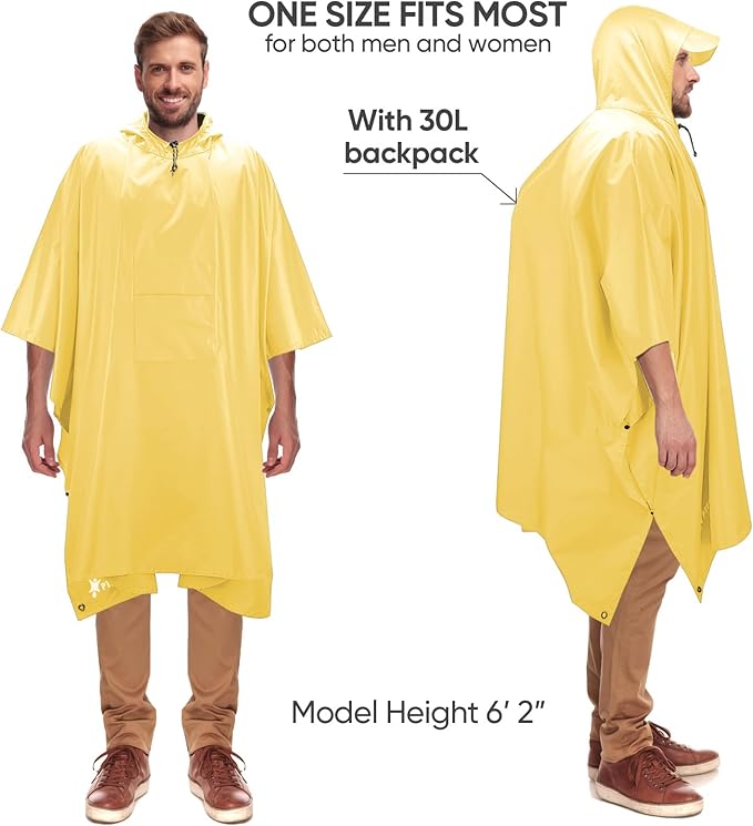 PTEROMY 3-in-1 Hooded Rain Poncho for Adult with Pocket, Waterproof Lightweight Unisex Raincoat for Hiking Camping Emergency