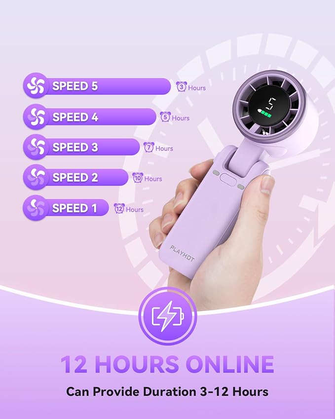PlayHot Portable Handheld Turbo Fan, 5-Speed Personal Fan, USB-C Rechargeable Fan Up to 12 Hours, 3 IN 1 Hand Fan with Air Turbo Tech Cooling, Travel Fan for Cruise, Beach, Gifts for Women(Purple)