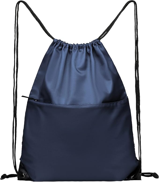Drawstring Backpack Sports Water Resistant String Bag Sport Gym Sackpack for Women Men Large with Zipper, Navy
