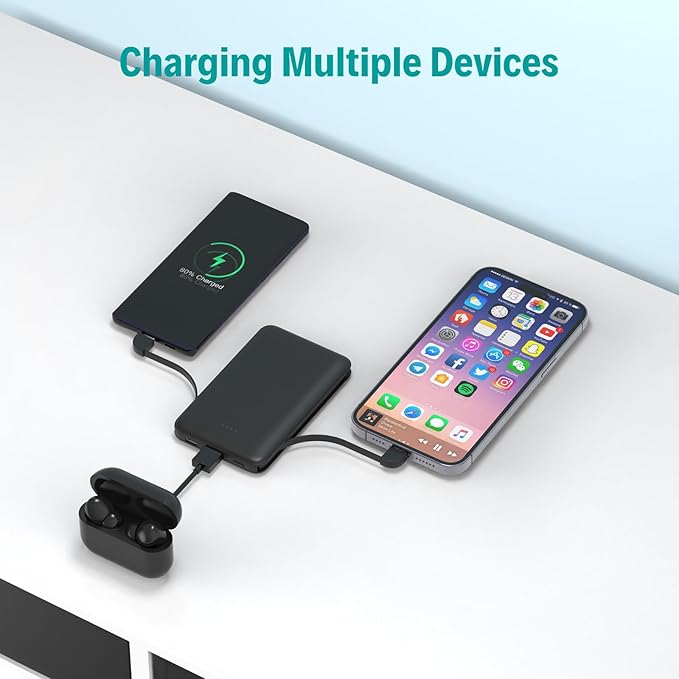 Sethruki Smallest Portable Charger with Built-in Cables 5000mAh,Ultra Slim Power Bank,Mini High Speed External Battery Packs,Lightweight USB C Phone Charger for iPhone Samsung Google Android (Black)