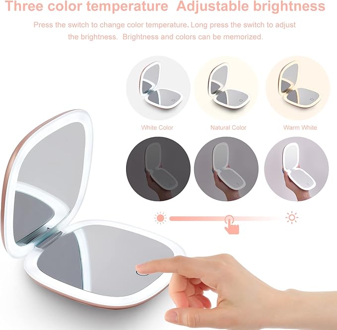Mocado Compact LED Magnifying Travel Makeup-Mirror - 4 inches 1X/10X Magnification Small Hand Pocket Dimmable Double Sided USB Rechargeable Touch Screen, Portable Tabletop Cosmetic (Rose Gold)