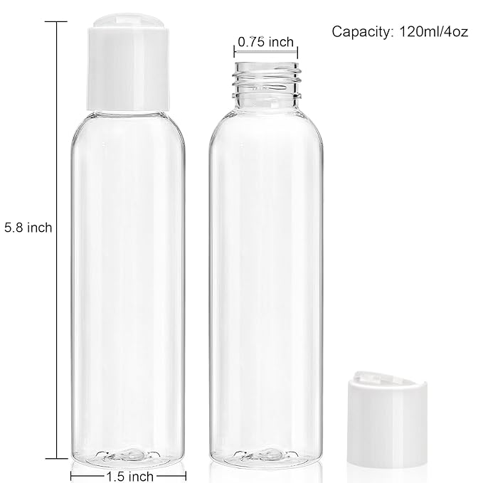 Bekith 30 Pack 4oz Travel Bottles for Toiletries, Empty Small Plastic Squeeze Bottles with Disc Top Flip Cap, Clear Refillable Travel Size Containers For Shampoo, Lotions, Liquid Body Soap, Creams