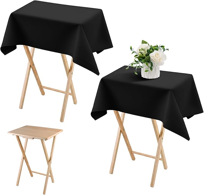 Oudain 2 Pcs Small Tablecloth Washable Fabric Folding TV Tray Table Cloth Polyester Solid Color Nightstand Cover for Bedside Table Side Outdoor Indoor(Black,24 x 36 Inch,Classic Edge)
