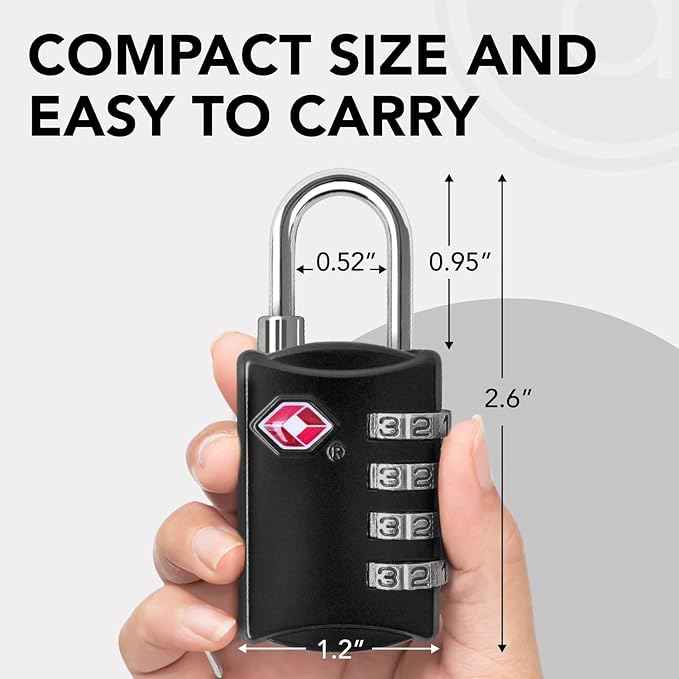 Luggage Locks TSA Approved (1 Pack), 4-Digit TSA Locks for Luggage, Locker, Suitcase, Backpack, School Bag, & Travel Bag - Portable, Rust-Resistant, & Secure Combination Lock, Black