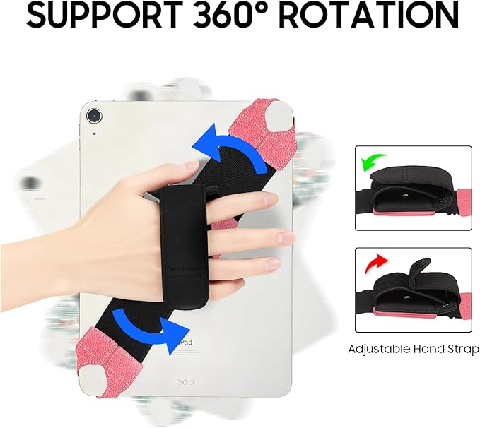 FINTIE Universal Tablet Hand Strap Holder for 9-11 Inch Tablets eReaders, 360 Degrees Swivel PU Leather Secure Portable Adjustable Handle Grip for iPad, Galaxy Tab and 9-11" Tablets (Magenta)