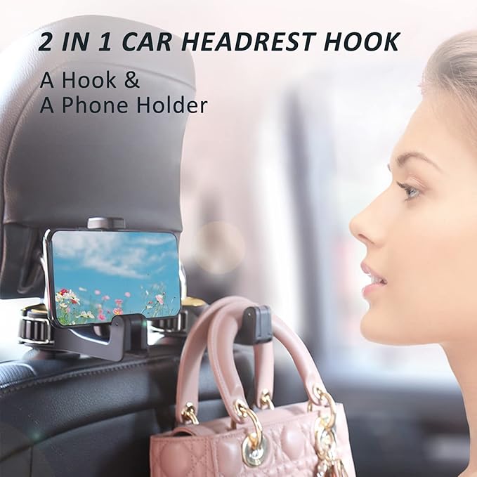 Car Headrest Hidden Hook with Phone Holder, Universal 360 Rotation, Gold, 2 Pack