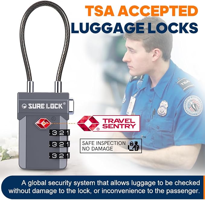 SURE LOCK TSA Approved Luggage Locks with Open Alert Indicator, 3 Digit Combination Cable Travel Lock for Suitcase, Backpack, Gym Locker, Toolbox, Carry On & Travel Bag