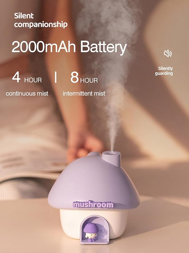 Cute Mushroom House Humidifier, 300ml Small Cool Mist Humidifers, USB Rechargeable Mini Portable Air Humidifer with Night Light for Bedroom, Office, Car, Travel, Indoor Plants (Blue)
