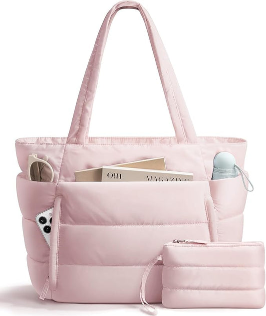 Bagstellar Puffer Tote Bag for Women, Lightweight Puffy Work Handbag Teacher Nurse Quilted Shoulder Bag for School Travel Gym | Cloud Bag w/ Zipper