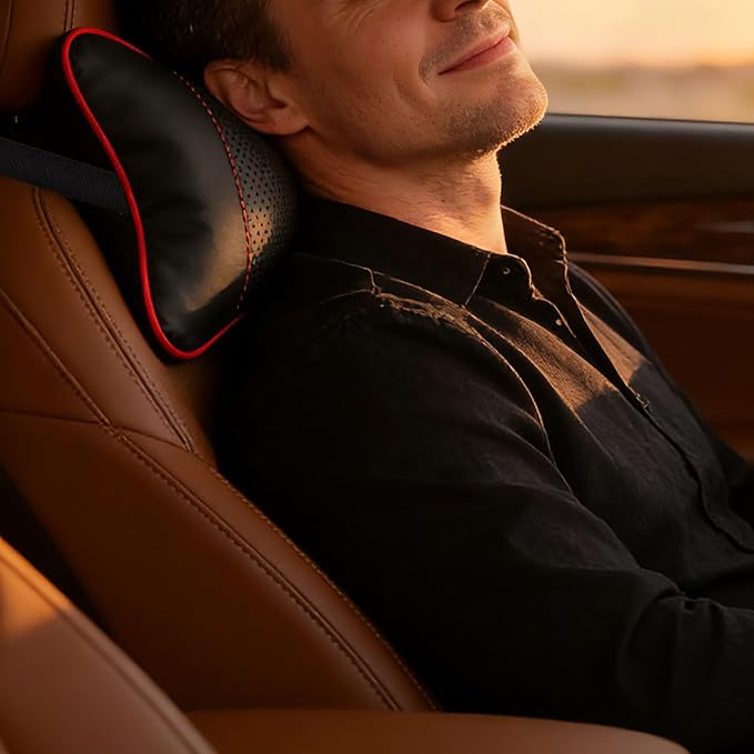 2 Pack Car Neck Pillow Soft Breathable Headrest Pillows for Driving Support, Universal Fit for Most Car Seats Decor Accessories（Black Red）