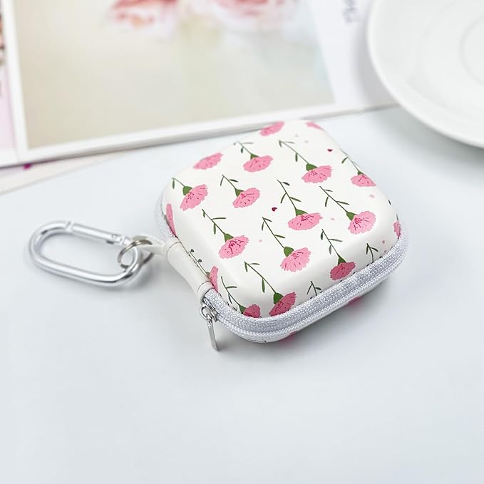 Earbud Case Headphone Organizer Ear Bud Case Portable EVA Carrying Box Storage Bag with Carabiner for AirPods Beats Bose Galaxy Buds 4/3/FE Data Cable Storage (Pink Carnation)
