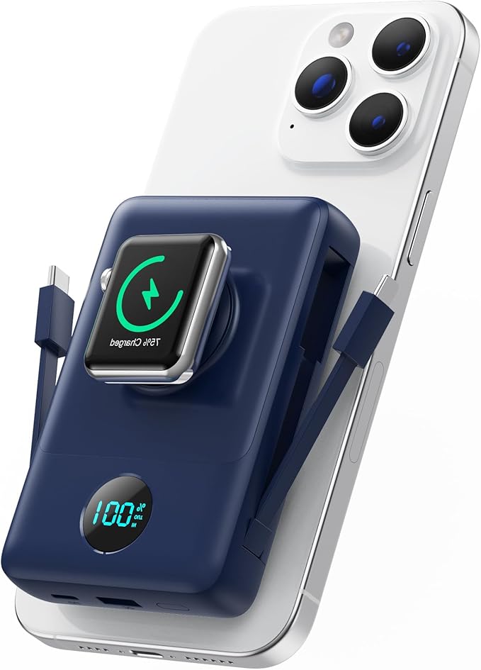 Ekrist Magnetic Portable Charger for MagSafe with Built-in Cable,iWatch Charger,Wireless Power Bank Travel Essentials,25W Fast Charging Battery Pack for iPhone 17/16/15,Apple Watch(Navy,10800mAh)