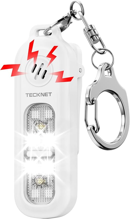 TECKNET Personal Safety Alarm 135dB with SOS Strobe Light for Women - Rechargeable& IPX4 Waterproof Running Lights with Clip On Torch & Low Battery Notice, Safety Siren for Running, Travel Kids, Wihte