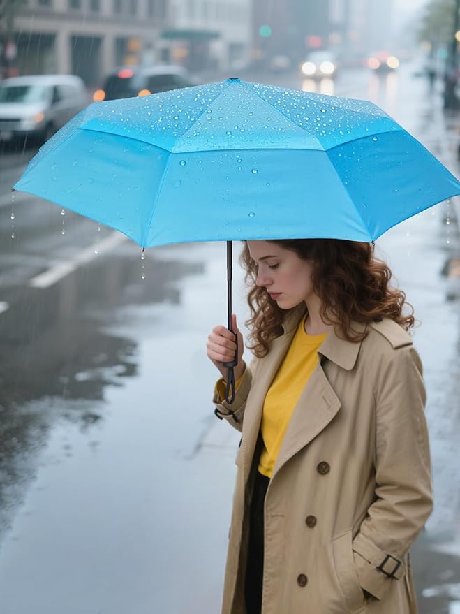 PTEROMY Windproof Travel Umbrellas for Rain and Sun, Withstands 85MPH Winds Auto Open Close Folding Umbrella with Ergonomic Handle, Quick Dry Canopy for Commuting or Backpack
