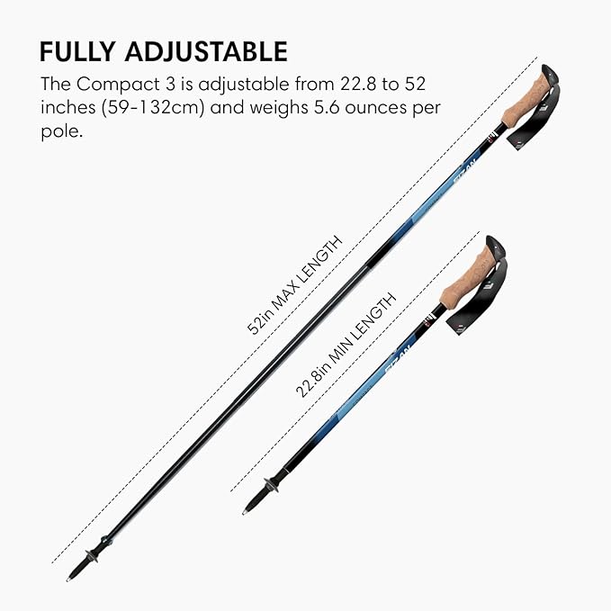 Fizan Compact 3 Trekking Poles – 5.6 oz Ultralight, Backpacking, Thru Hiking Poles, Adjustable, Collapsible, Customized Fit, EVA Grips, Aluminum Walking Sticks (Compact 3)