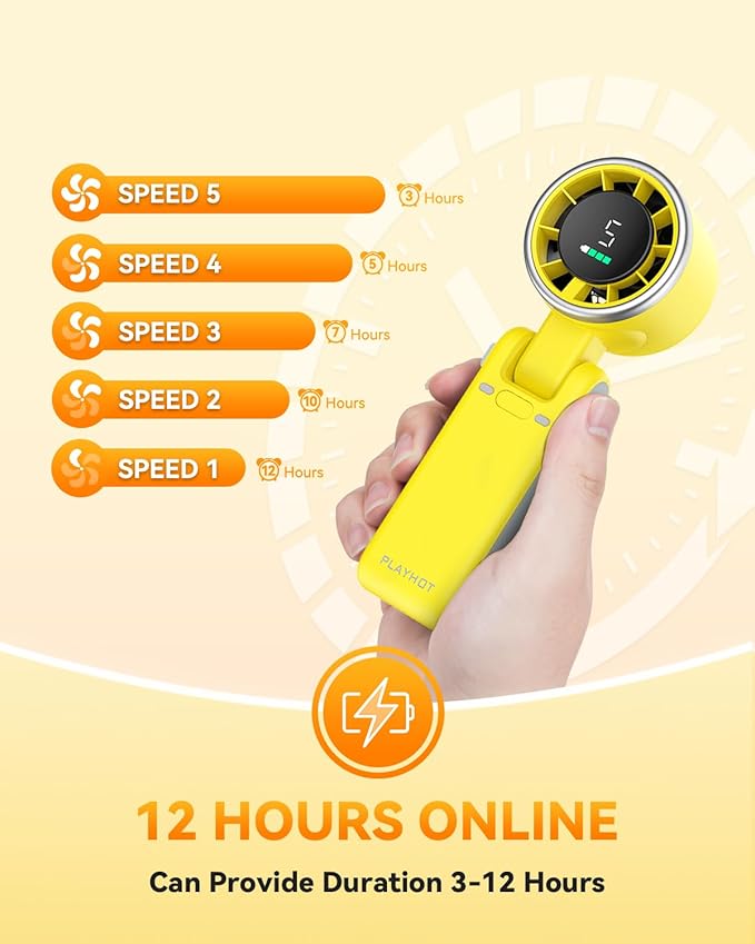 PlayHot Portable Handheld Turbo Fan, 5-Speed Personal Fan, USB-C Rechargeable Fan Up to 12 Hours, 3 IN 1 Hand Fan with Air Turbo Tech Cooling, Travel Fan for Cruise, Beach, Gifts for Women (Yellow)