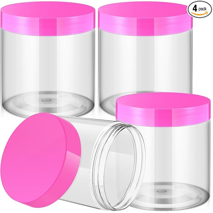 Patelai 4 Pieces Round Wide-mouth Leak Proof Plastic Container Jars with Lids for Travel Storage Makeup Beauty Products Face Creams Oils Salves Ointments DIY Making(16 Ounce,Pink)