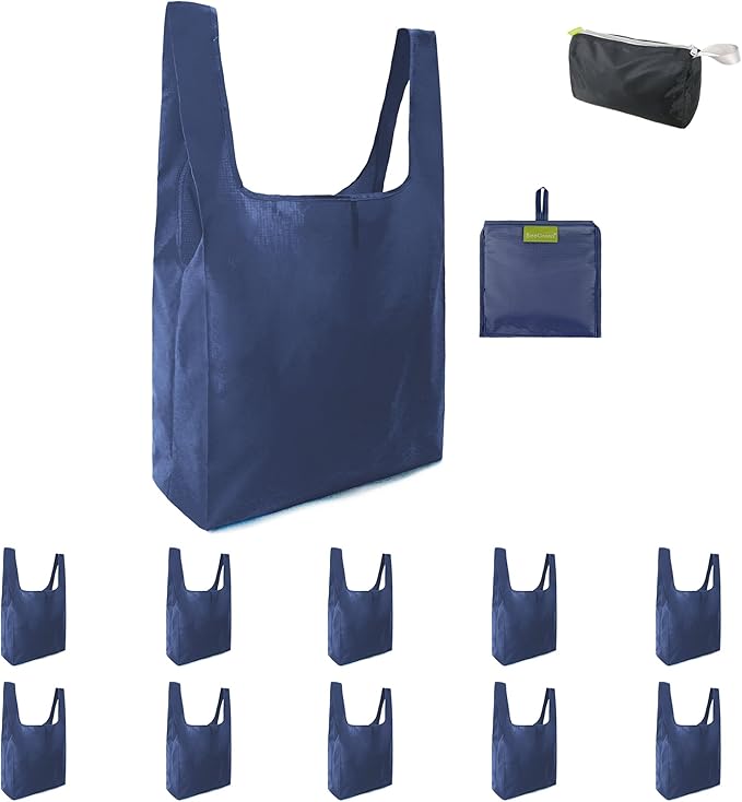 BeeGreen Blue Reusable Grocery Bags Wholesale Blue Reusable Kitchen Bags Bulk Foldable-Machine Washable with Zipper Storage Pouch 10 Packs