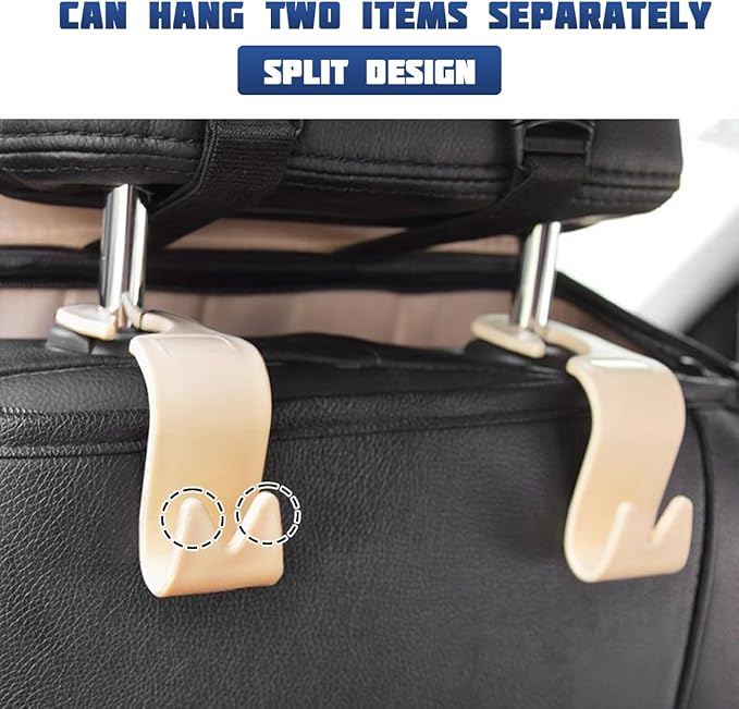 Car Seat Headrest Hook, 4PCS Vehicle Seat Back Storage Hanger for Handbag Purse Grocery, Automotive Interior Organization Holder Hook, Universal for SUV, Truck, RV (Beige)