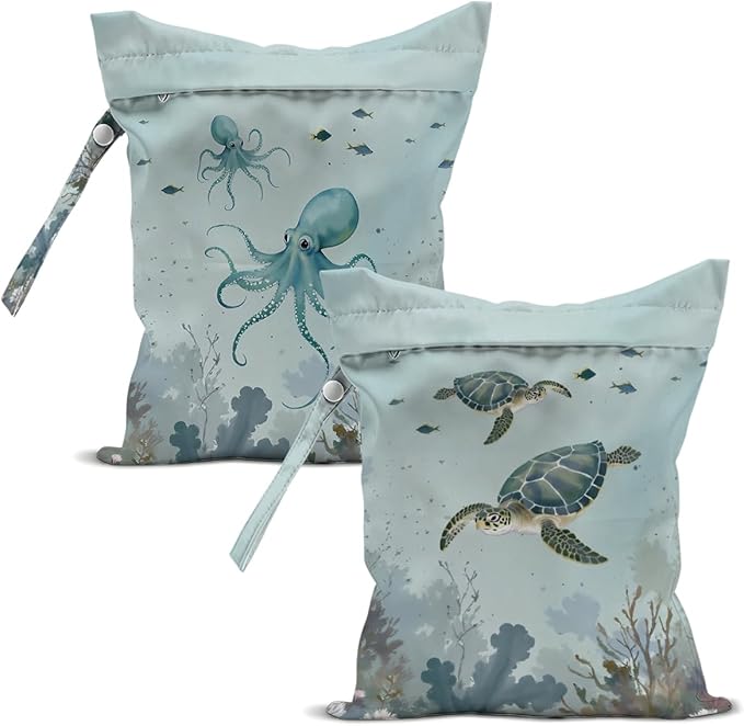 2 Pcs Sea Turtle Octopus Wet Bags, Octopus Wet Dry Bag Waterproof Reusable Zipper Pouch for Swimsuit, Diapers, Pool, Beach, Travel, Dirty Yoga Gym Clothes, Toiletries Birthday Gifts, Sea Turtle Gifts