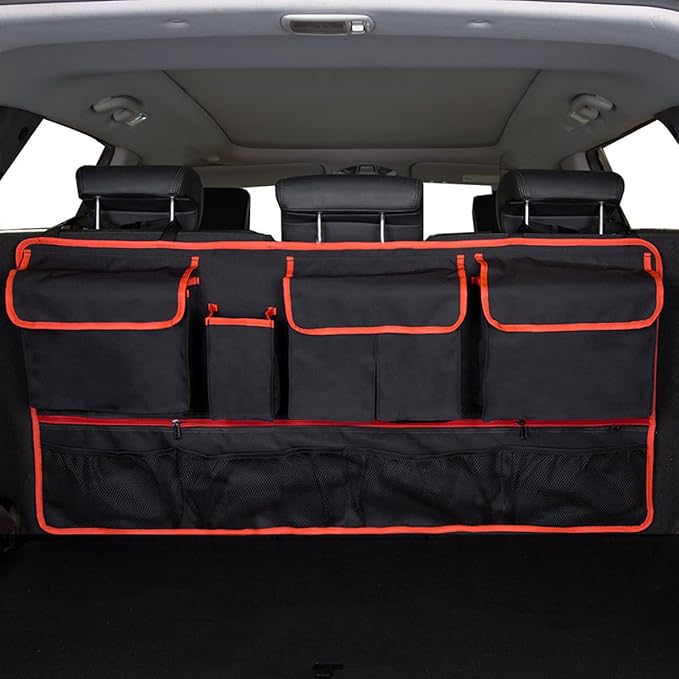 Mandark Car Trunk Organizer, Super Capacity Vehicle Hanging Backseat Cargo Storage Bag with Robust Elastic Net, Detachable Auto Seat Back Organizing Bag, Universal for SUV, Truck, RV（Black/Red）