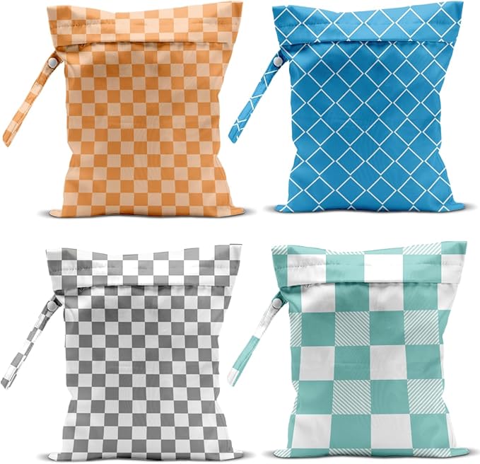 Wet Bag, 4Pcs Wet Dry Bag Set, Reusable Waterproof Bags with Mixed Checkerboard & Blue Diamond Lattice for Women, Ideal for Beach Vacations, Pool Days, Travel & Daily Essentials Storage