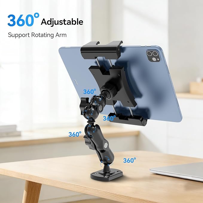 OHLPRO Heavy Duty Drill Base Tablet Holder for Car & Truck Dashboard Mount with 360 Adjustable 2-Stage Arm for 5-13" iPads Tablets & Phones Kindle, Mounting for Commercial Vehicles Boat Wall Desk