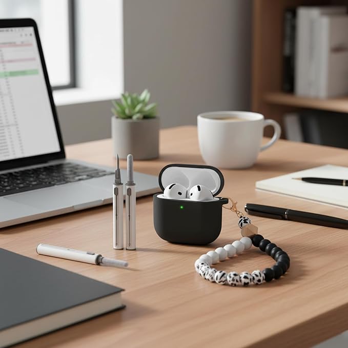 for Airpods 4th Case Cover, Come with Cleaner Kit,Soft Skin Silicone Case Cover with Keychain, Full Protective Case for Men and Women,Black Marble Pattern